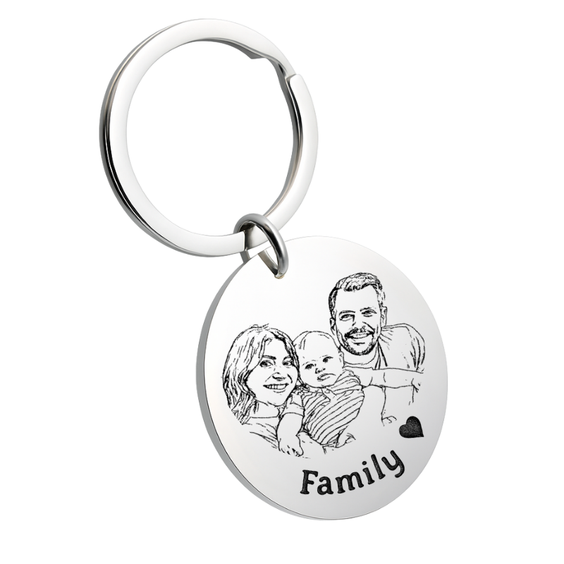 Personalised Sketch-Style Family Portrait Keyring – Engrave your Photo and Text